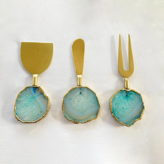 Set of 3 Aqua Agate Cheese Knives/Spreaders-0