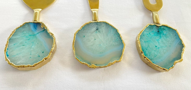 Set of 3 Aqua Agate Cheese Knives/Spreaders-1